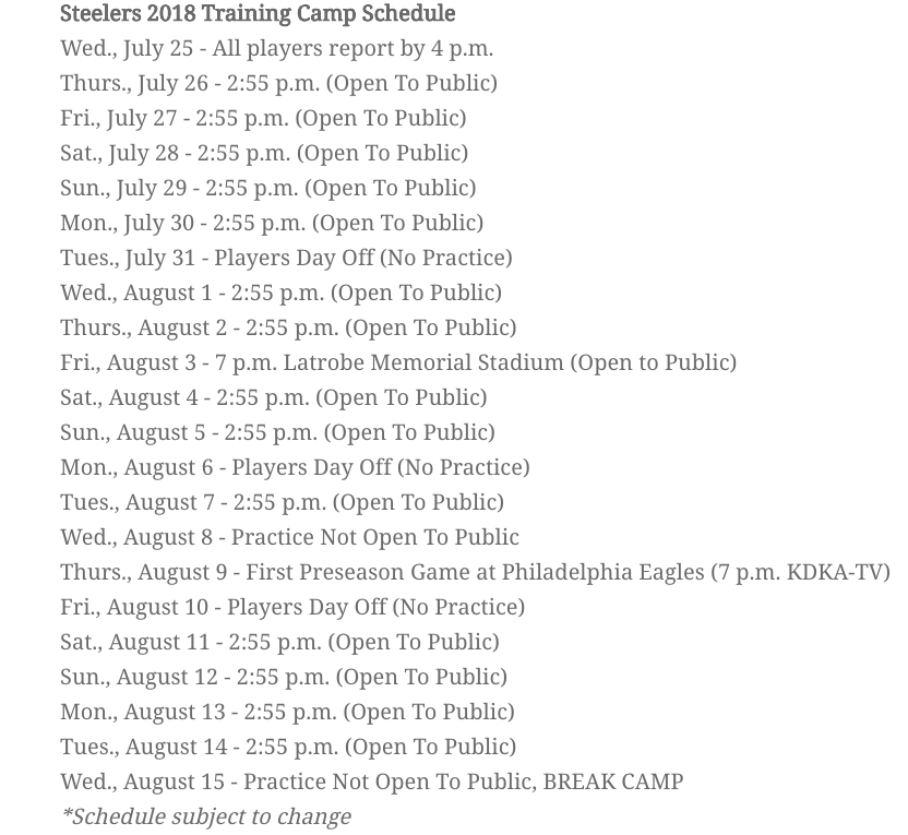 Pittsburgh steelers training camp schedule